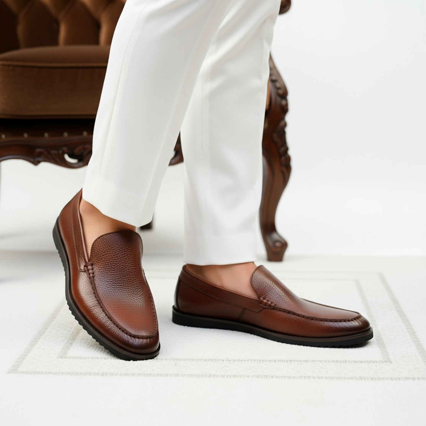 Brown Piana Leather Loafers | Wrinkle-Free Premium Grain Leather