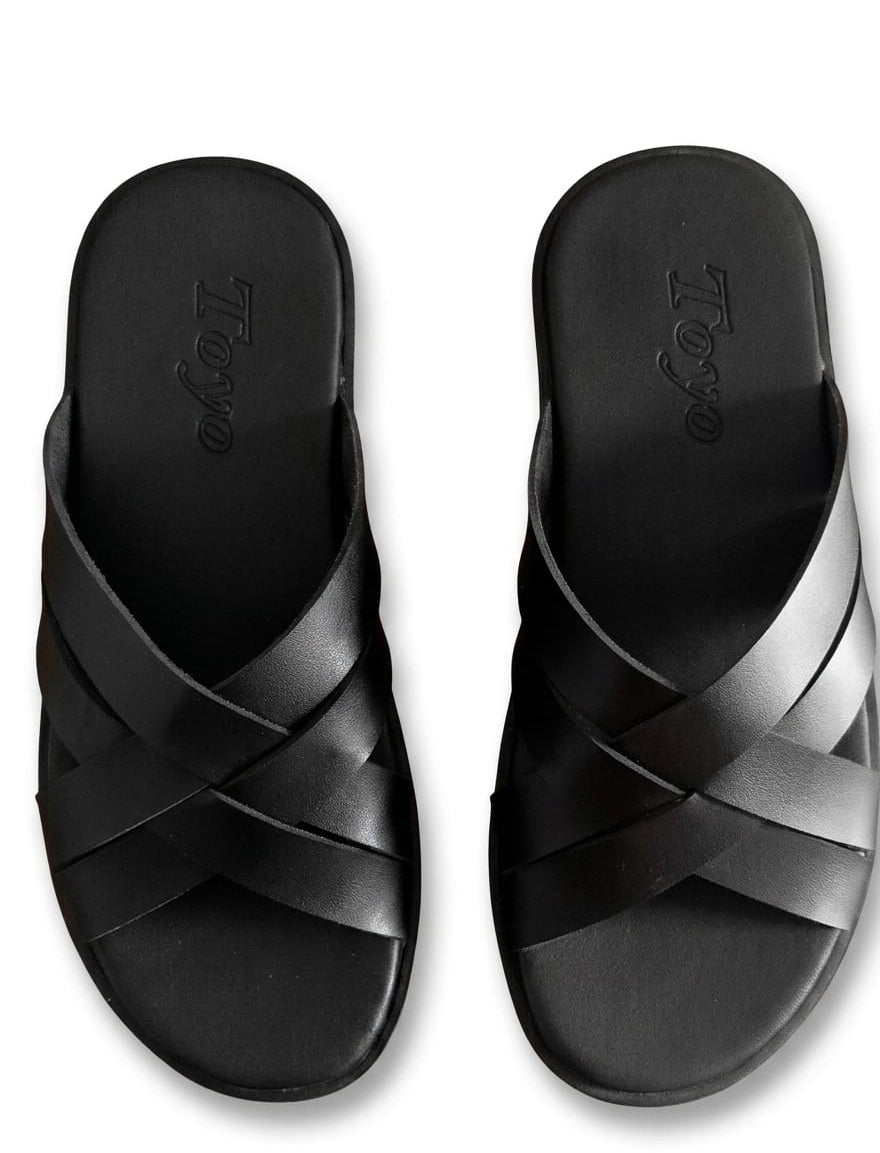 Black Handmade Cross Leather Slippers