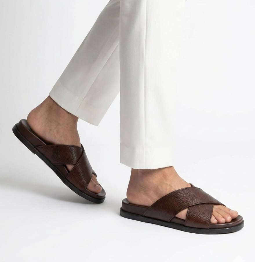 Leather Crossover Mens Slippers | Soft & Medicated