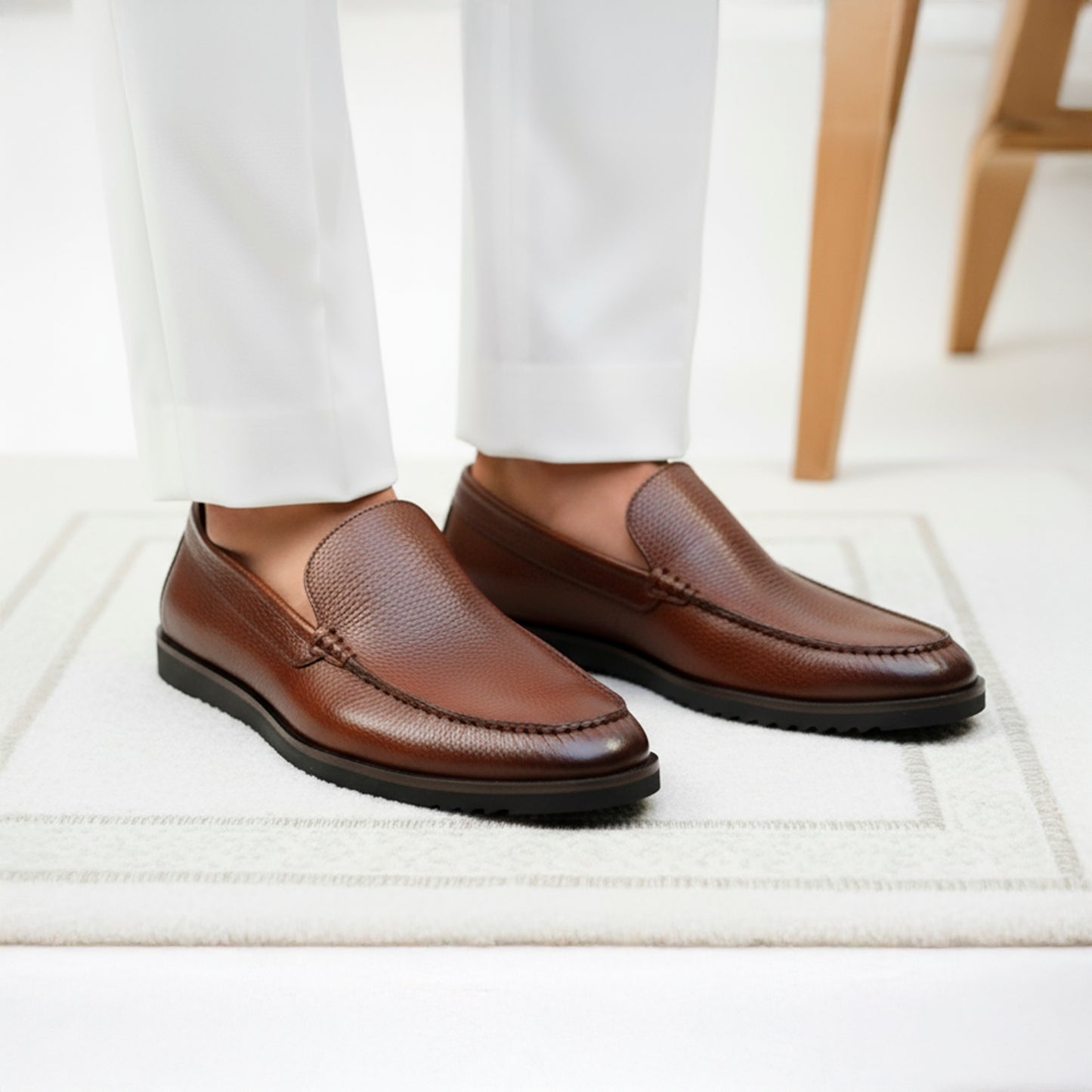 Brown Piana Leather Loafers | Wrinkle-Free Premium Grain Leather
