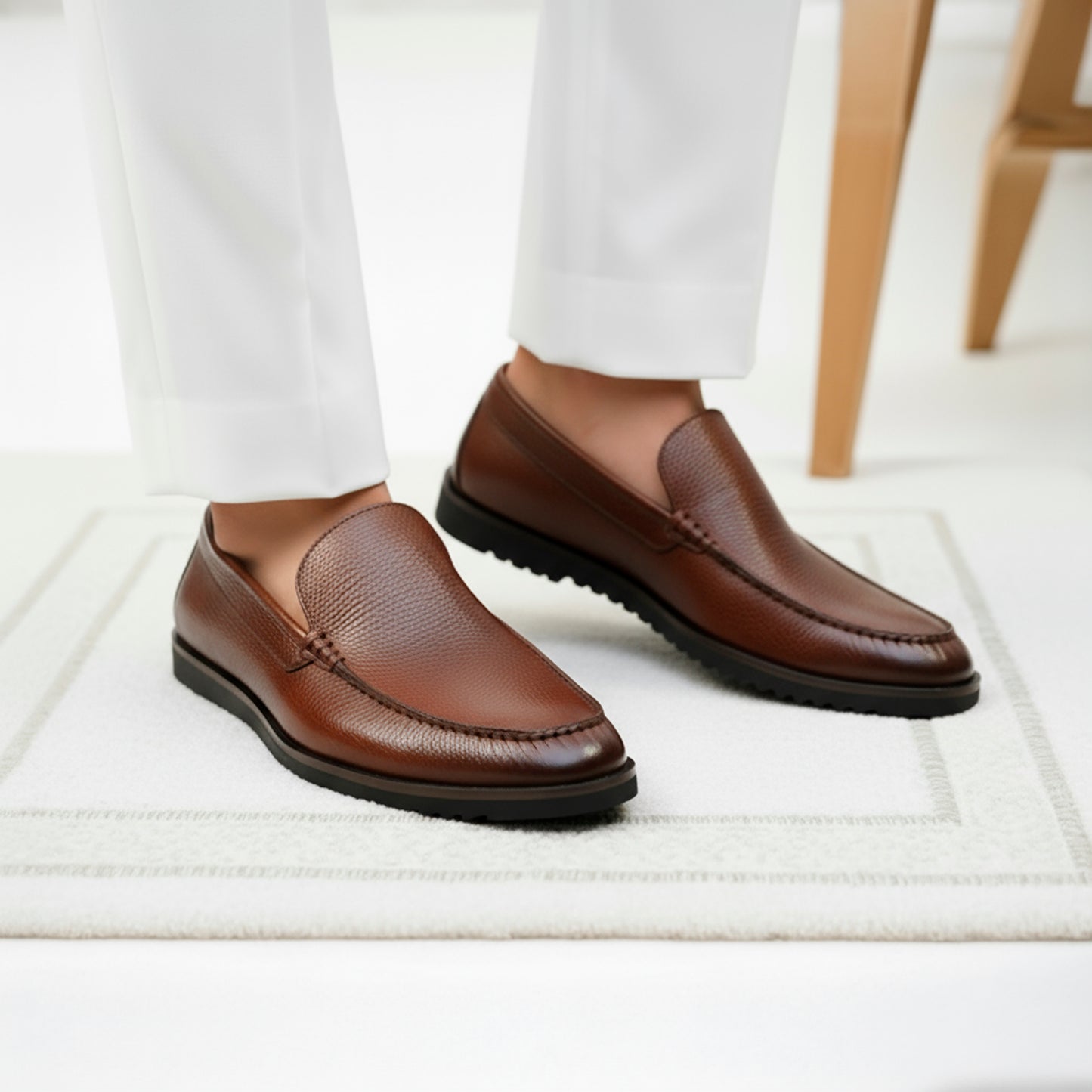 Brown Piana Leather Loafers | Wrinkle-Free Premium Grain Leather