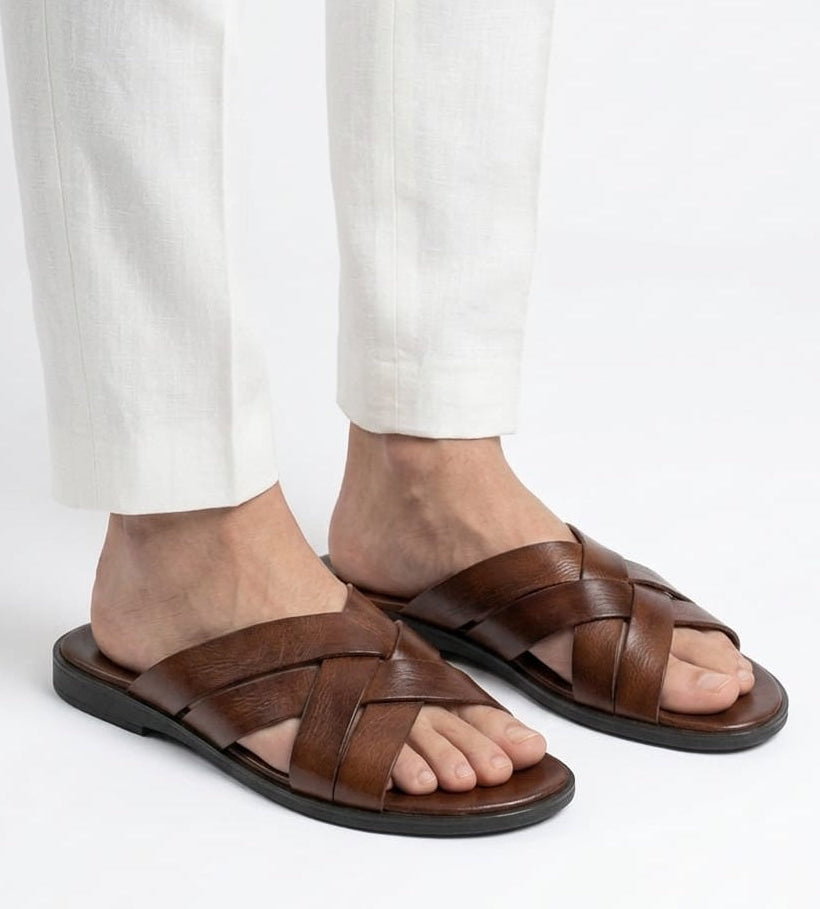 Handmade Cross Leather Slippers – Toyo Shoes
