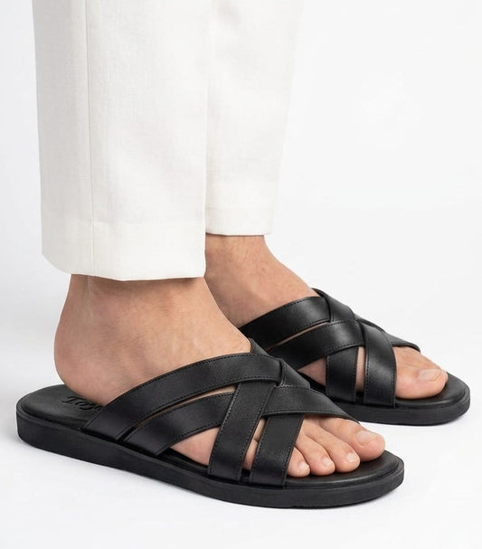 Black Handmade Cross Leather Slippers