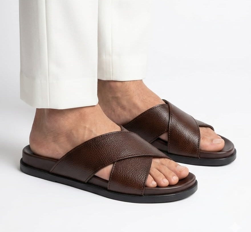 Leather Crossover Mens Slippers - Soft & Medicated