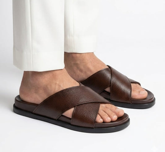 Leather Crossover Mens Slippers - Soft & Medicated