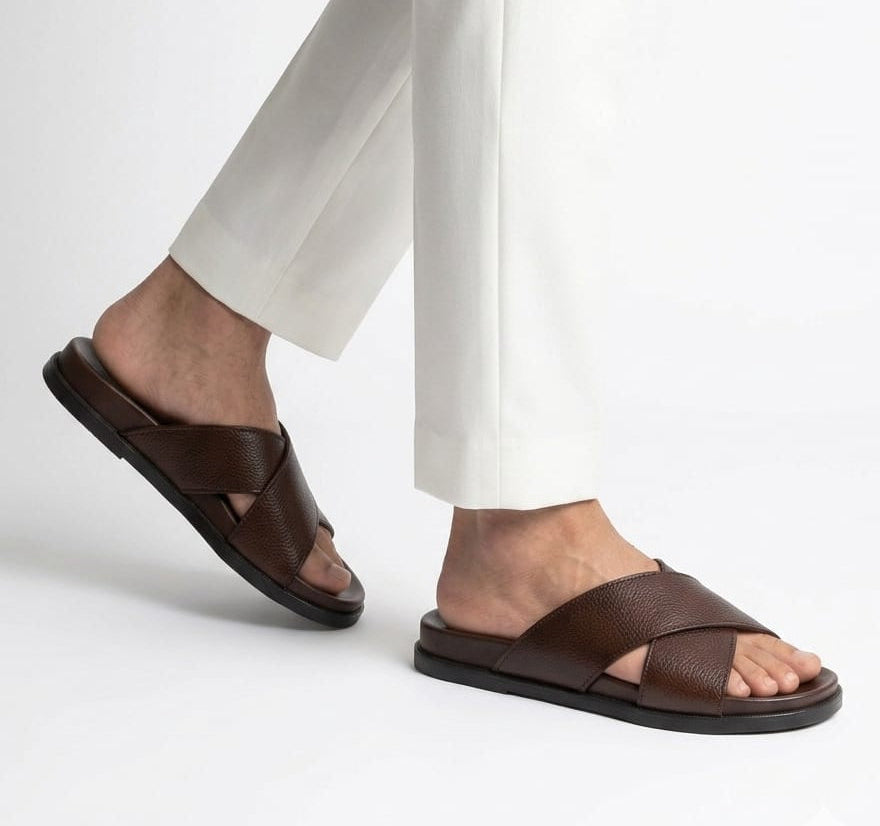Leather Crossover Mens Slippers - Soft & Medicated