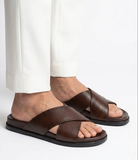 Leather Crossover Mens Slippers | Soft & Medicated