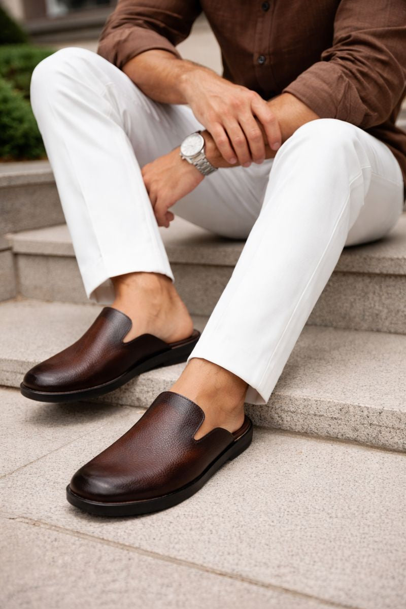 Brown Shaded Mules | Premium Grain Leather Slip-On