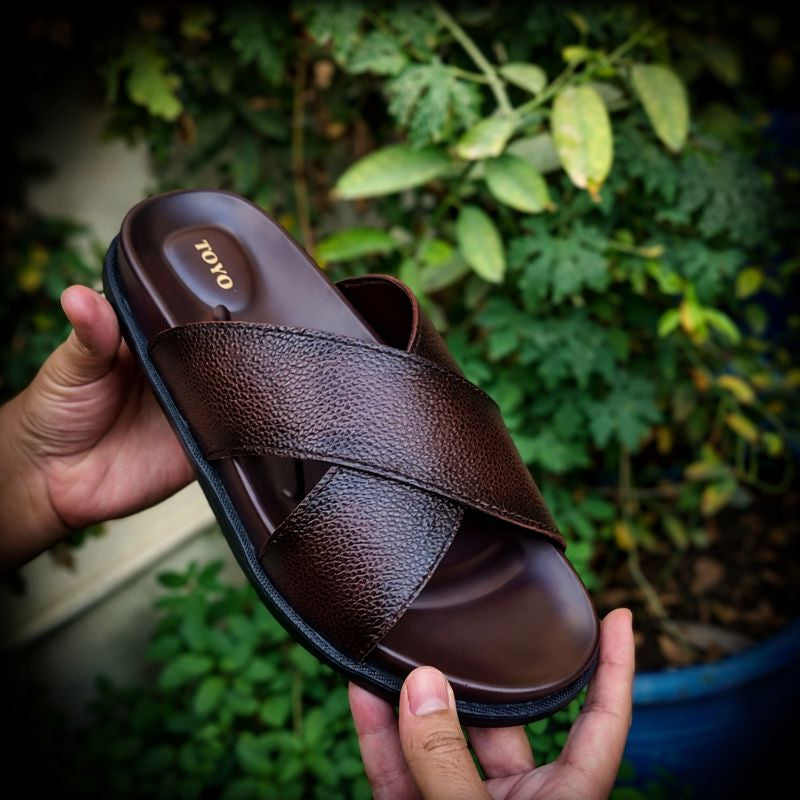 Leather Crossover Mens Slippers | Soft & Medicated