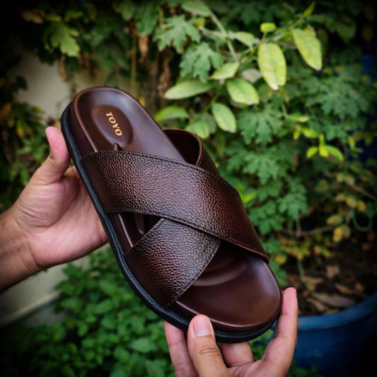 Leather Crossover Mens Slippers | Soft & Medicated