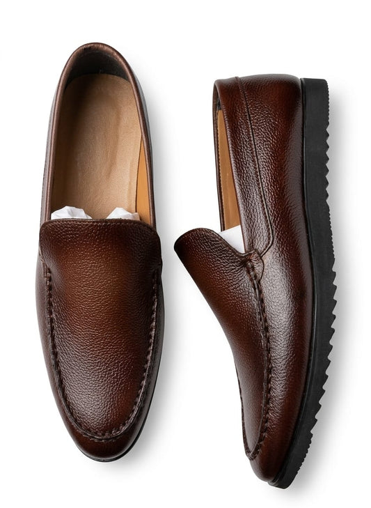 Brown Piana Leather Loafers | Wrinkle-Free Premium Grain Leather