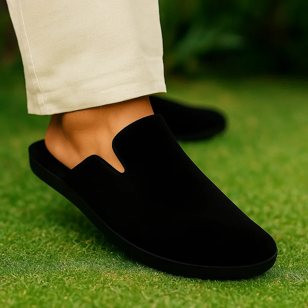 Black Suede Medicated Mules for Men | Slip-On | Light Weight Backless Mules for Men | Medicated Slippers for Men
